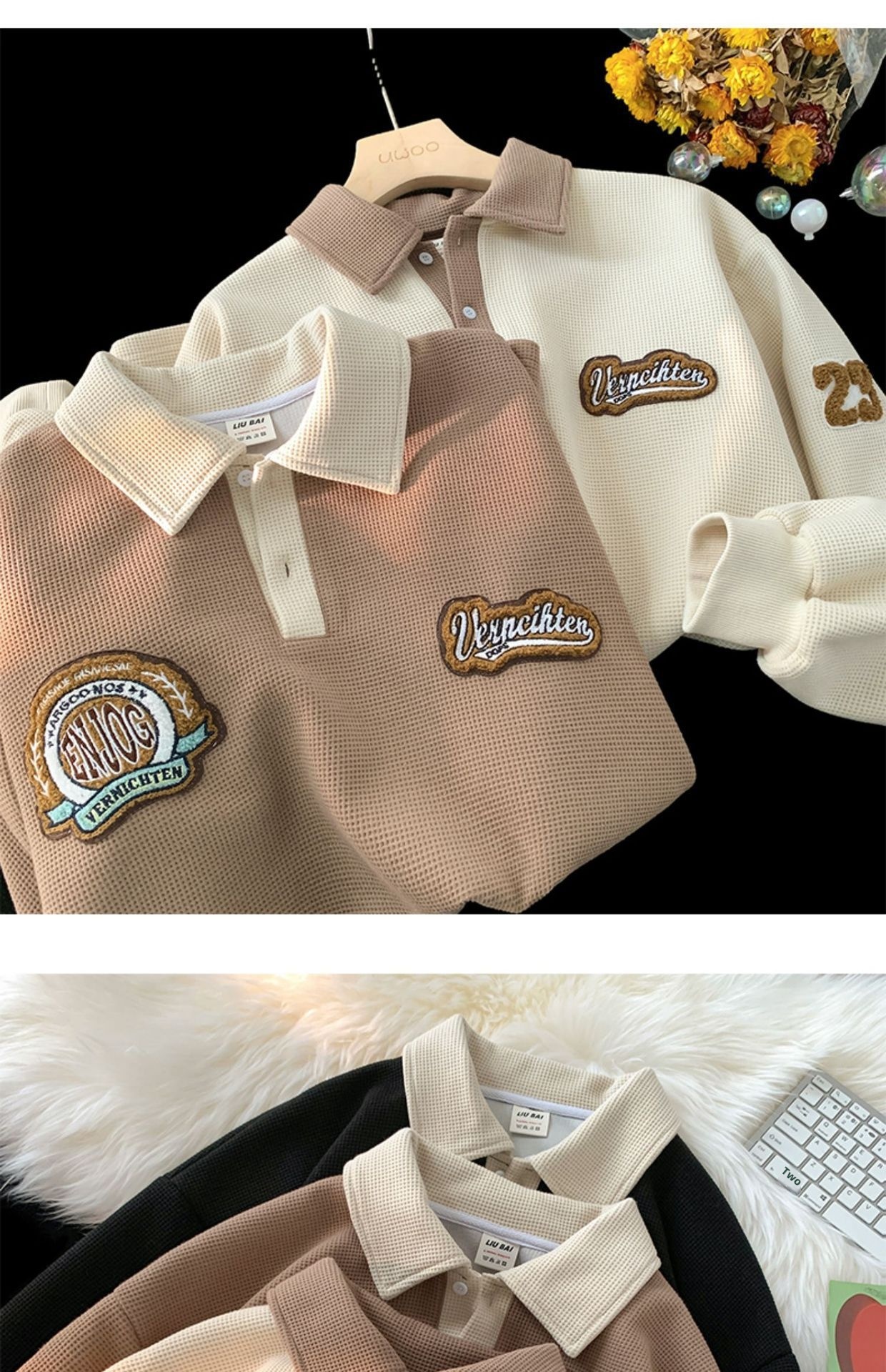 boy Boy Waffle Polo Sweatshirt For Men Spring Autumn Ins Trendy Brand Embroidered Turn-down Collar American Retro Heavyweight_voghion.com