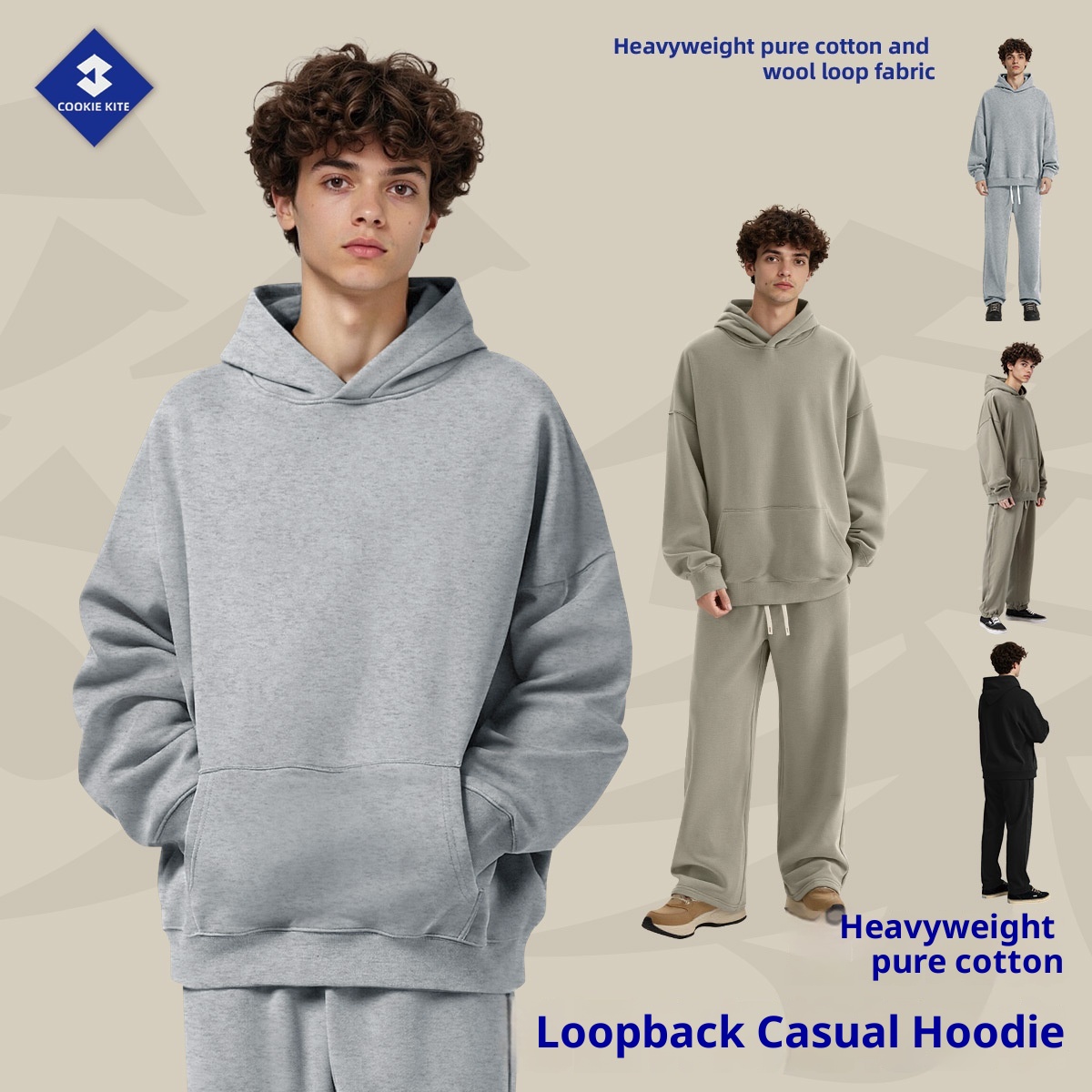 ragazzo Ragazzo KITE Abbigliamento Uomo Autunno Inverno 2025 Stile Americano Transfrontaliero Largo Tinta Unita Basic 430G Puro Cotone Con Cappuccio_voghion.com