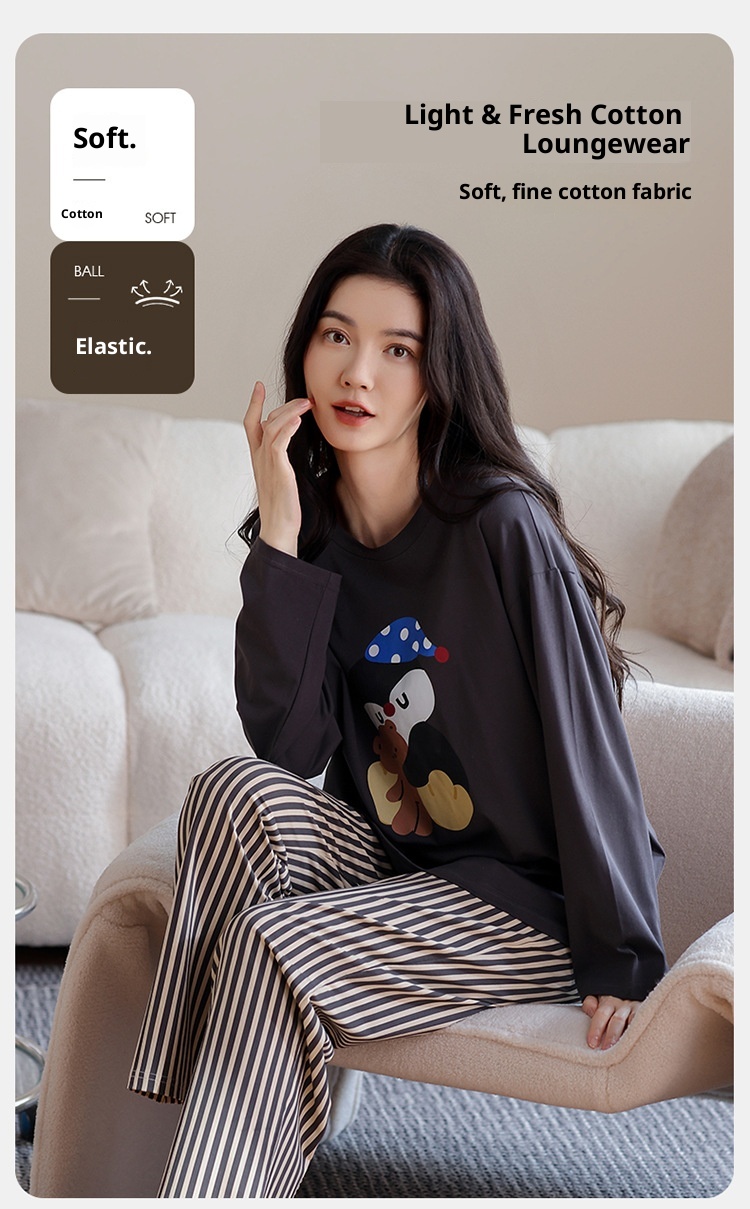 ChicShe Pyjama aus 100 % Baumwolle für Damen, Frühjahr/Herbst 2025: Neues, lässiges und lockeres Set mit Cartoon-Ärmeln, langen Hosen und Streifenmuster._voghion.com