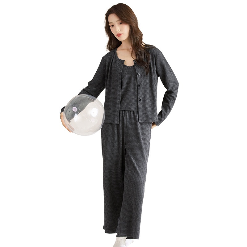 ChicShe Round Shell Three-Piece Pajamas For Women, Spring And Autumn, Pure Cotton, Long Sleeve, Camisole With Chest Pad,_voghion.com
