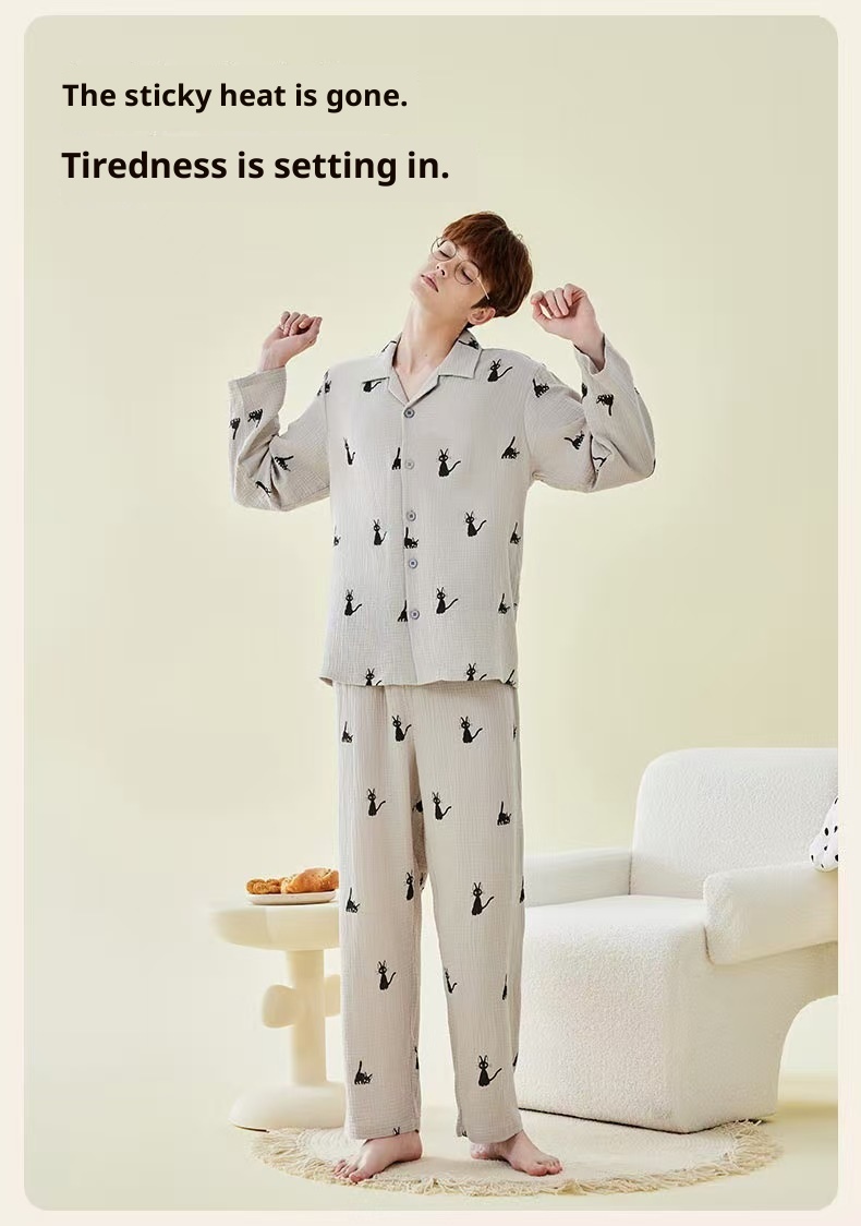 Pigiama da donna ChicShe in 100% cotone a doppio strato, manica lunga, colletto rovesciato, pigiama sottile autunnale, set da casa, adatto_voghion.com