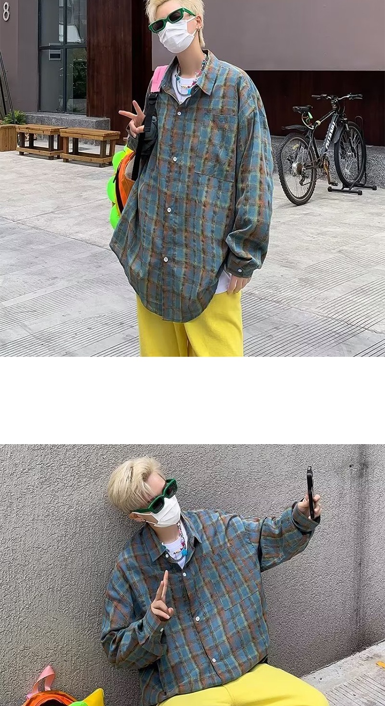 ForMen American Retro Yellow Plaid Shirt For Men, Spring And Autumn Long Sleeve Loose Casual Top With Design Sense_voghion.com