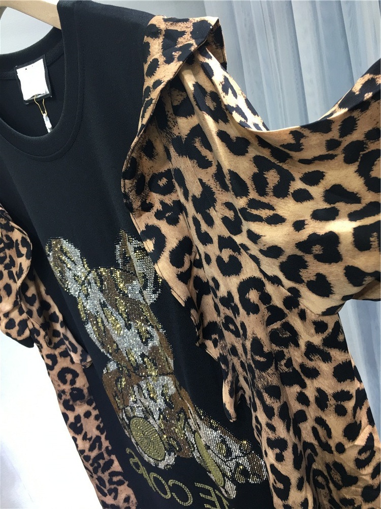 ChicShe Plus Size 1.0-150kg Summer Rhinestone Leopard Print Ruffle Bear Short Sleeve Mid-Length Dress For Women_voghion.com