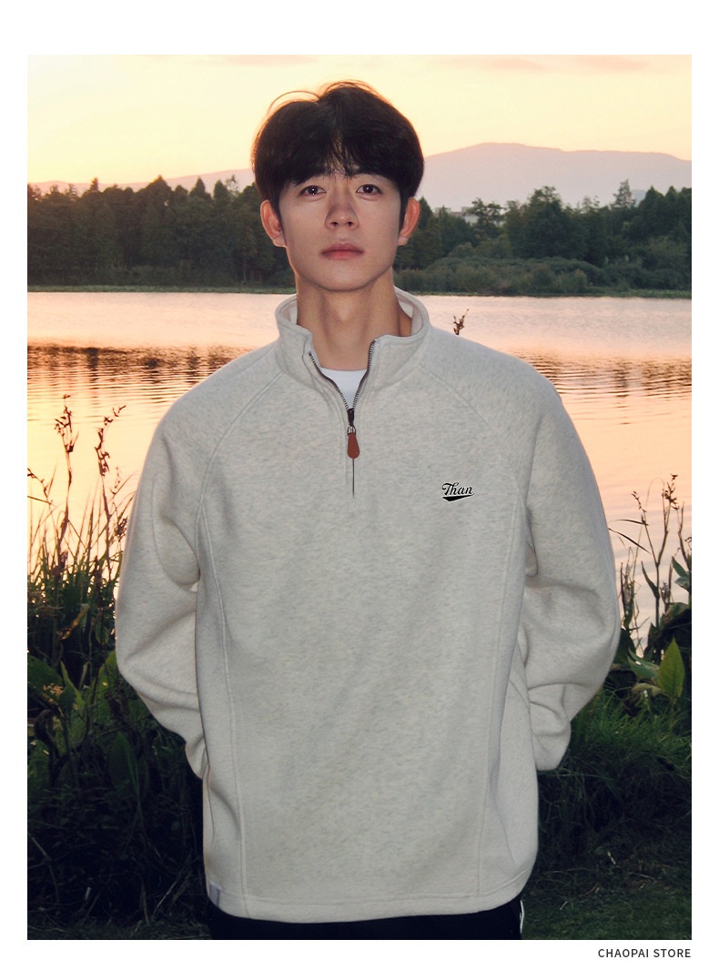 Felpa da uomo con mezza zip e colletto rialzato in stile americano, pesante, senza cappuccio, strato di base a maniche lunghe per l'autunno e_voghion.com