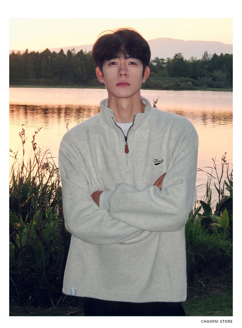 Felpa da uomo con mezza zip e colletto rialzato in stile americano, pesante, senza cappuccio, strato di base a maniche lunghe per l'autunno e_voghion.com