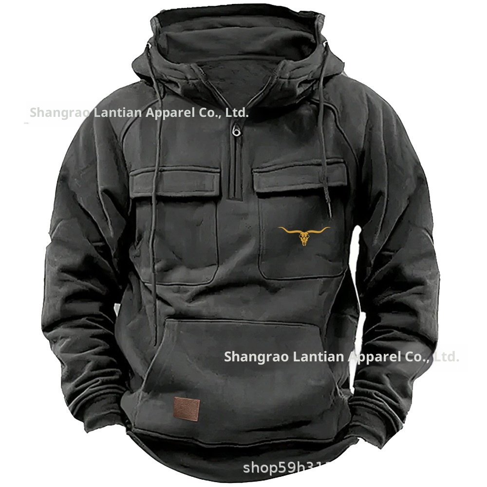 Moletom masculino estilo retrô europeu/americano com vários bolsos, estampa de cabeça de touro e zíper, ideal para trabalho, ideal para o outono e inverno._voghion.com