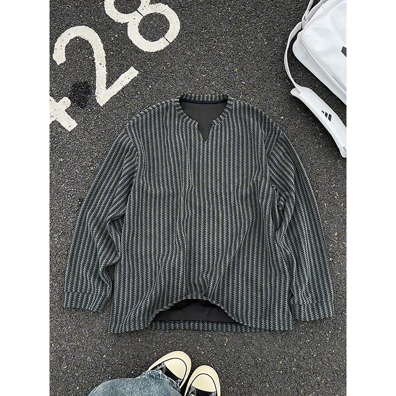 Herren-Langarmshirt mit Fischgrätenmuster und V-Ausschnitt, schwarz-weiß gestreift, lockere Passform._voghion.com