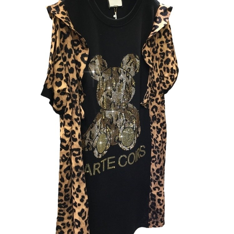 ChicShe Plus Size 1.0-150kg Summer Rhinestone Leopard Print Ruffle Bear Short Sleeve Mid-Length Dress For Women_voghion.com