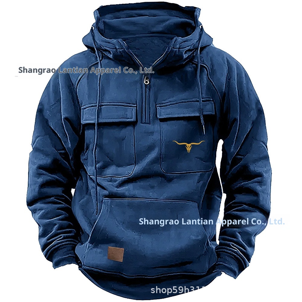 Moletom masculino estilo retrô europeu/americano com vários bolsos, estampa de cabeça de touro e zíper, ideal para trabalho, ideal para o outono e inverno._voghion.com