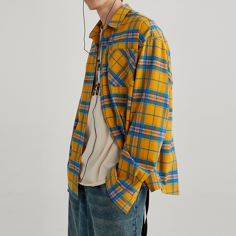 ForMen American Retro Yellow Plaid Shirt For Men, Spring And Autumn Long Sleeve Loose Casual Top With Design Sense_voghion.com