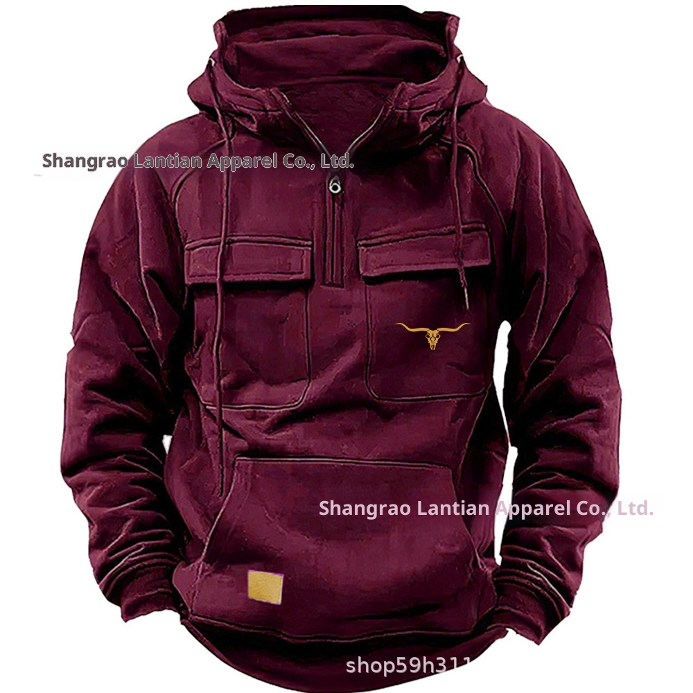 Moletom masculino estilo retrô europeu/americano com vários bolsos, estampa de cabeça de touro e zíper, ideal para trabalho, ideal para o outono e inverno._voghion.com