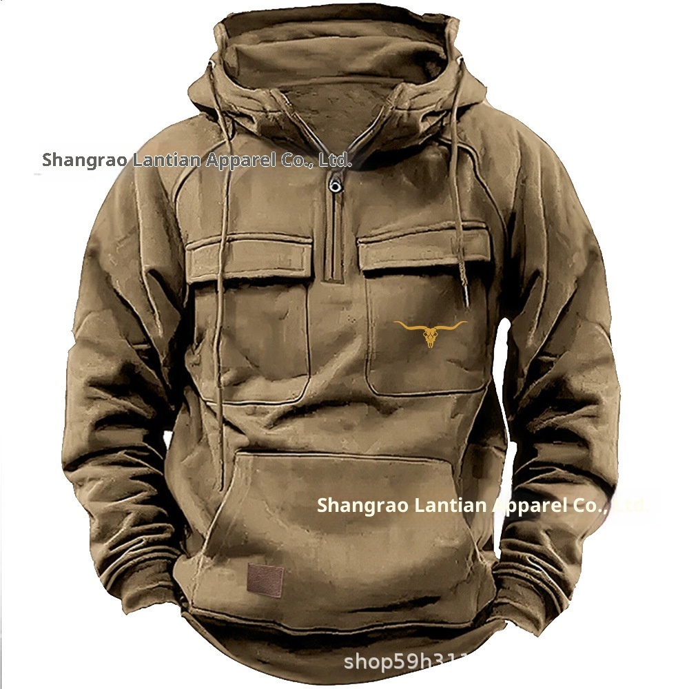 Moletom masculino estilo retrô europeu/americano com vários bolsos, estampa de cabeça de touro e zíper, ideal para trabalho, ideal para o outono e inverno._voghion.com
