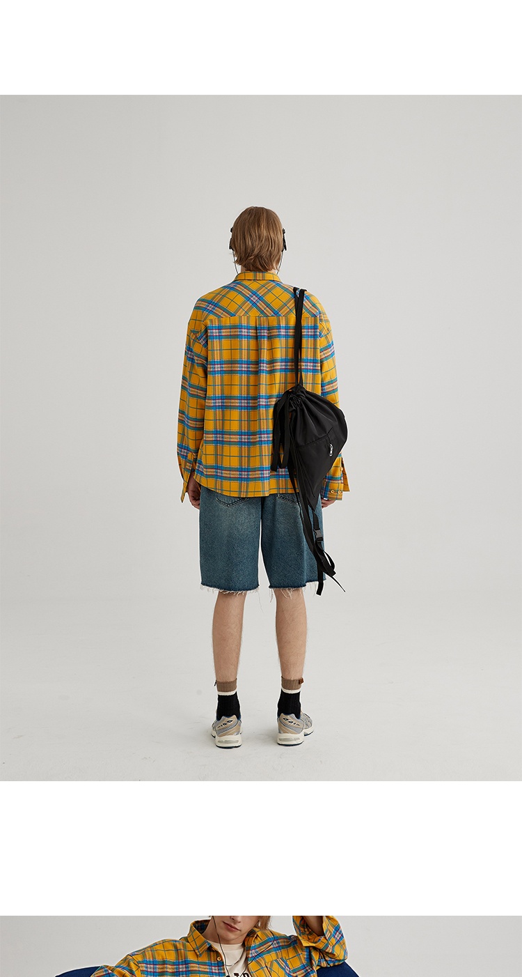 ForMen American Retro Yellow Plaid Shirt For Men, Spring And Autumn Long Sleeve Loose Casual Top With Design Sense_voghion.com