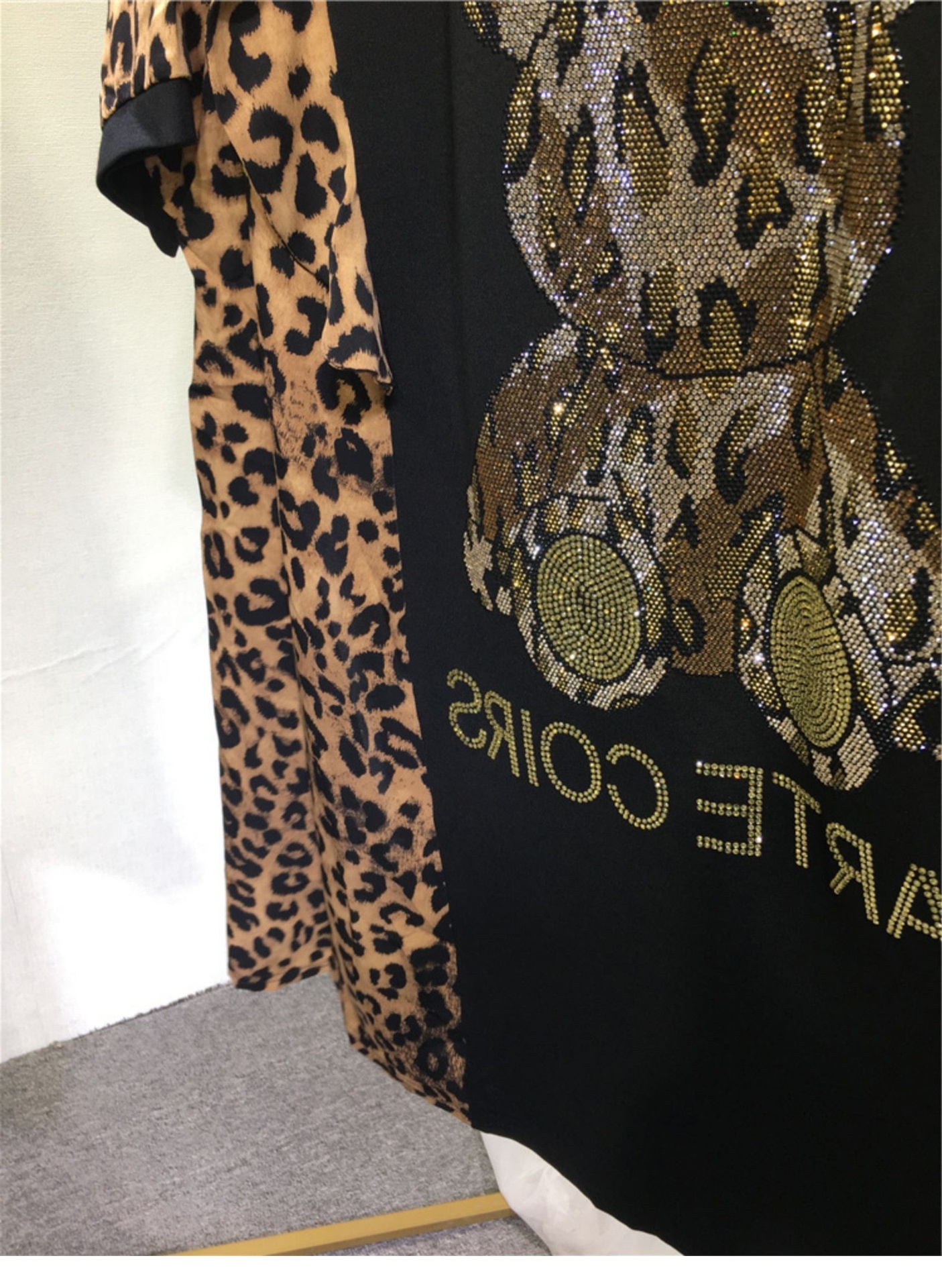 ChicShe Plus Size 1.0-150kg Summer Rhinestone Leopard Print Ruffle Bear Short Sleeve Mid-Length Dress For Women_voghion.com