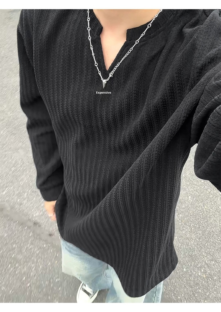 Herren-Langarmshirt mit Fischgrätenmuster und V-Ausschnitt, schwarz-weiß gestreift, lockere Passform._voghion.com