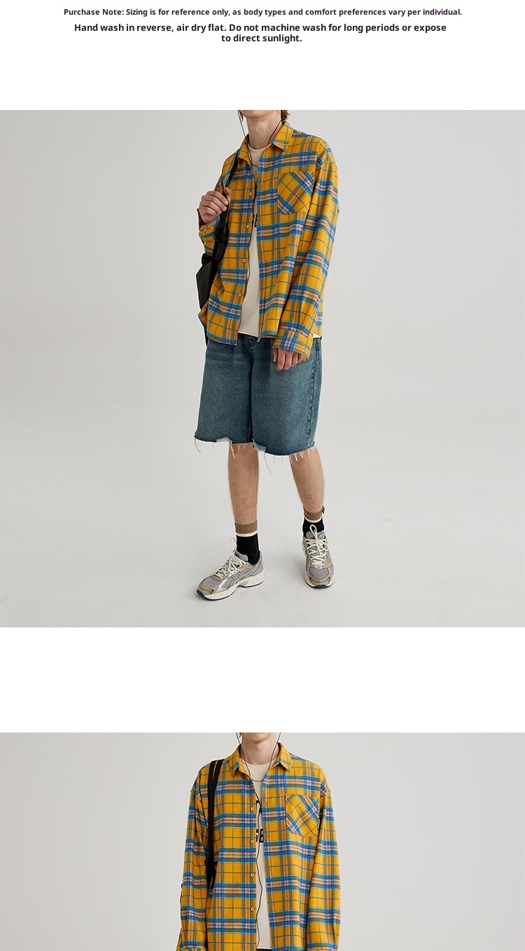 ForMen American Retro Yellow Plaid Shirt For Men, Spring And Autumn Long Sleeve Loose Casual Top With Design Sense_voghion.com