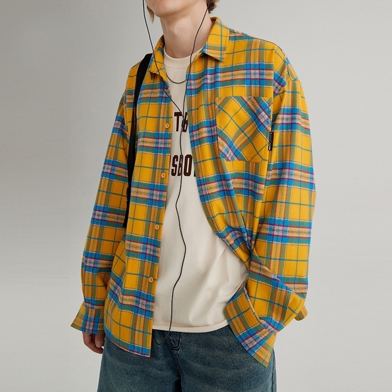 ForMen American Retro Yellow Plaid Shirt For Men, Spring And Autumn Long Sleeve Loose Casual Top With Design Sense_voghion.com