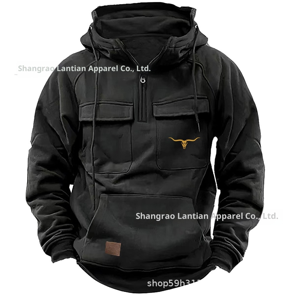 Moletom masculino estilo retrô europeu/americano com vários bolsos, estampa de cabeça de touro e zíper, ideal para trabalho, ideal para o outono e inverno._voghion.com