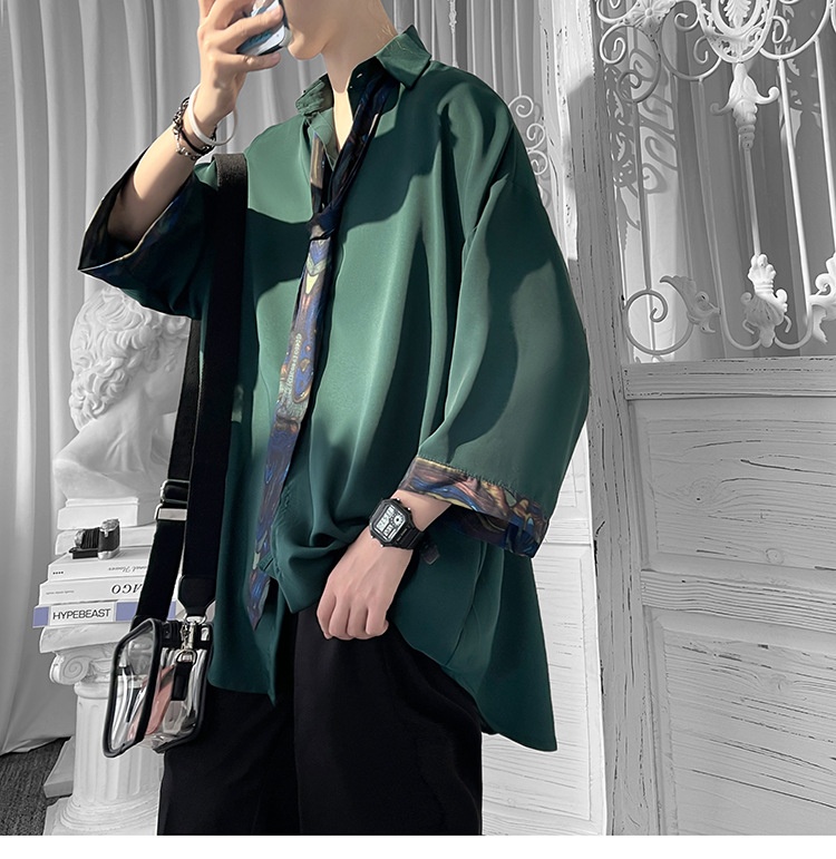 Camicia a tre quarti verde scuro ForMen per uomo, design estivo di alta gamma, camicia a maniche corte di nicchia, cravatta DK uniforme JK_voghion.com