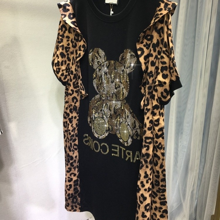 ChicShe Plus Size 1.0-150kg Summer Rhinestone Leopard Print Ruffle Bear Short Sleeve Mid-Length Dress For Women_voghion.com