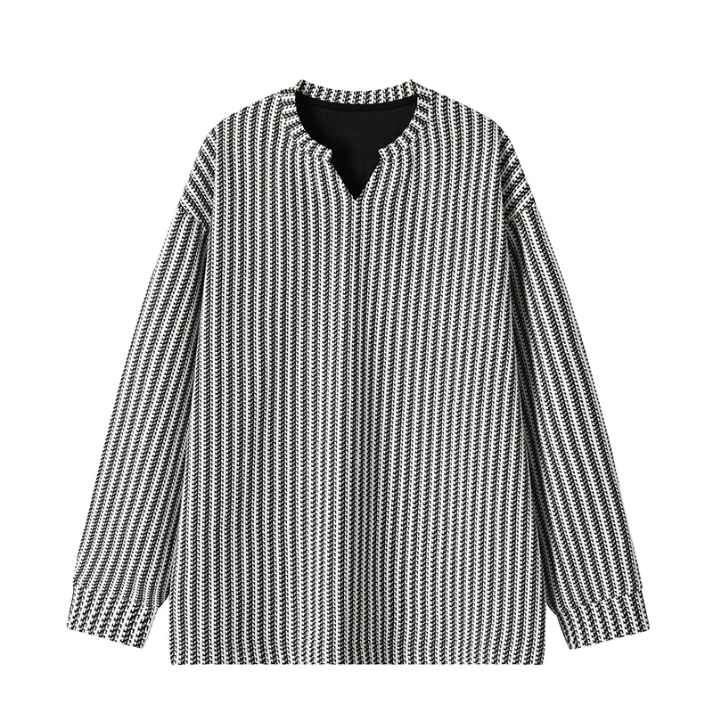 Herren-Langarmshirt mit Fischgrätenmuster und V-Ausschnitt, schwarz-weiß gestreift, lockere Passform._voghion.com