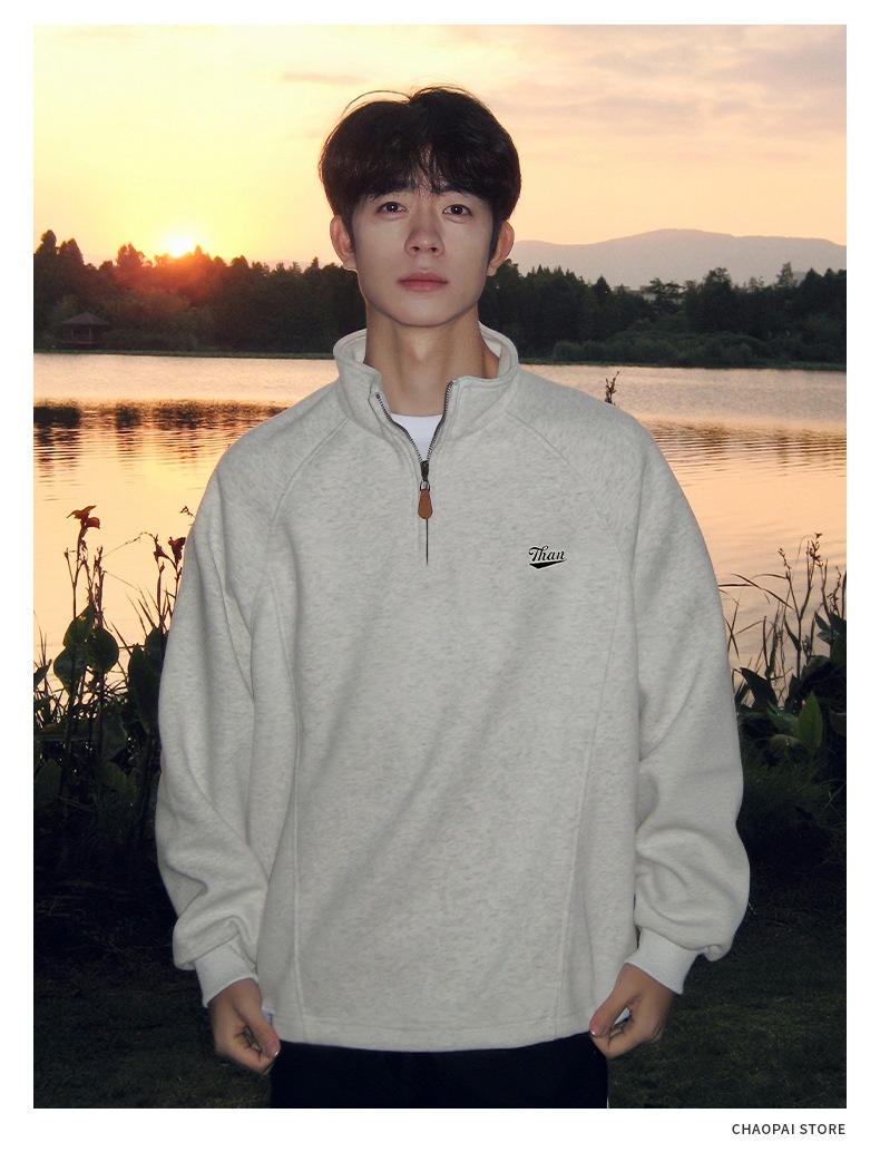 Felpa da uomo con mezza zip e colletto rialzato in stile americano, pesante, senza cappuccio, strato di base a maniche lunghe per l'autunno e_voghion.com