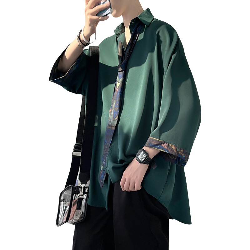 Camicia a tre quarti verde scuro ForMen per uomo, design estivo di alta gamma, camicia a maniche corte di nicchia, cravatta DK uniforme JK_voghion.com