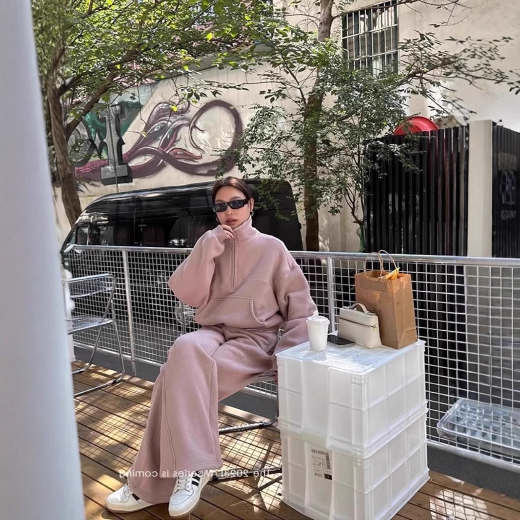 001 Casual sportpak voor dames, herfst/winter 2024 Nieuwe losse korte jas en wijde pijpen tweedelig set, rechte pijpen_voghion.com