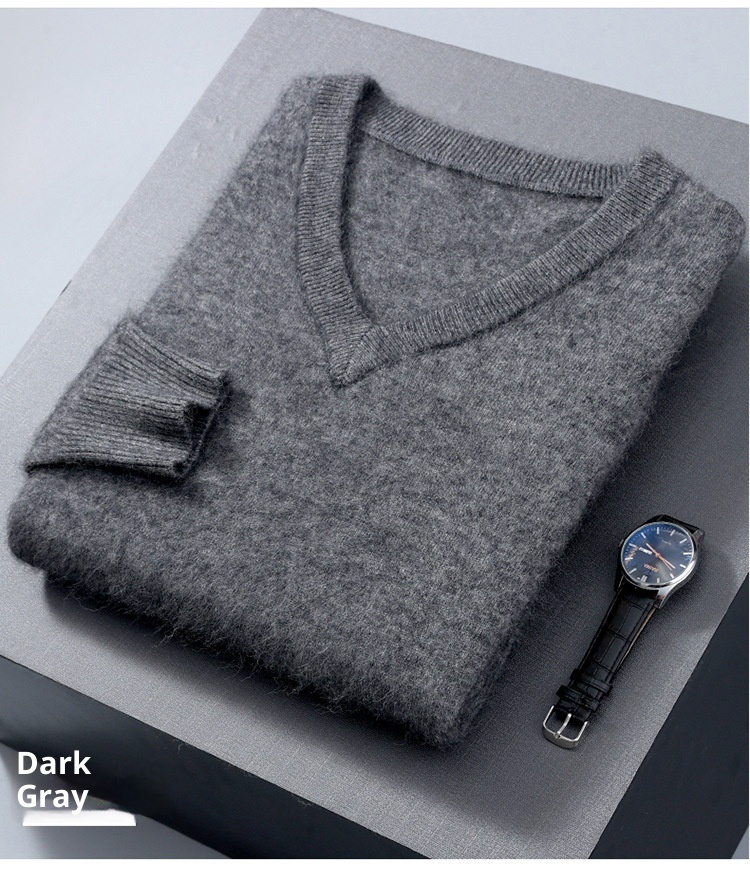 1 2023 Autumn Winter New Mink Men's V-Neck Loose Solid Color Pullover Wool Base Knitwear Cashmere Sweater_voghion.com