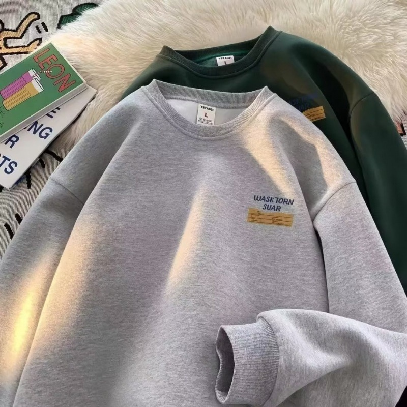 boy Boy 2024 American Style Cool Retro Heavyweight Crew Neck Sweatshirt For Men Autumn Winter Fleece Loose Trendy Brand Handsome_voghion.com