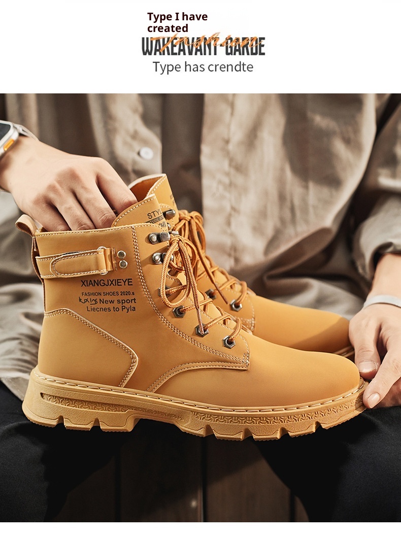 ShoeGlobe Herren Herbst/Winter Neue Mode Outdoor High-Top Martin Jugend Trend Dicksohle Gelbe Wanderschuhe Arbeitsschuhe_voghion.com