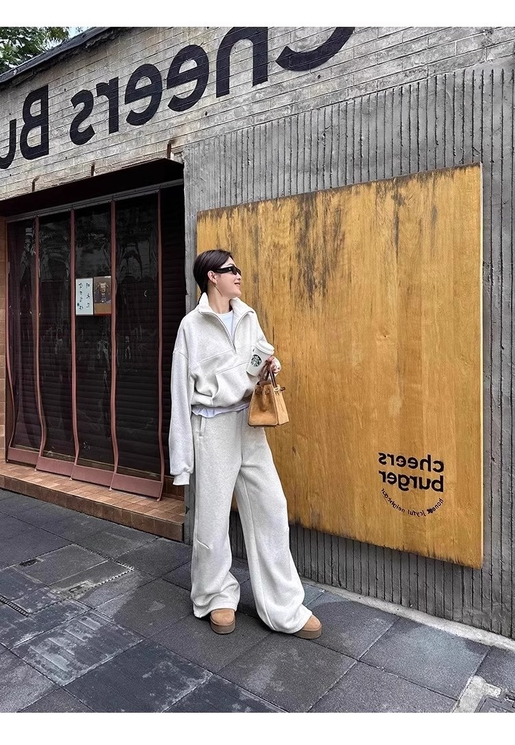 001 Casual sportpak voor dames, herfst/winter 2024 Nieuwe losse korte jas en wijde pijpen tweedelig set, rechte pijpen_voghion.com