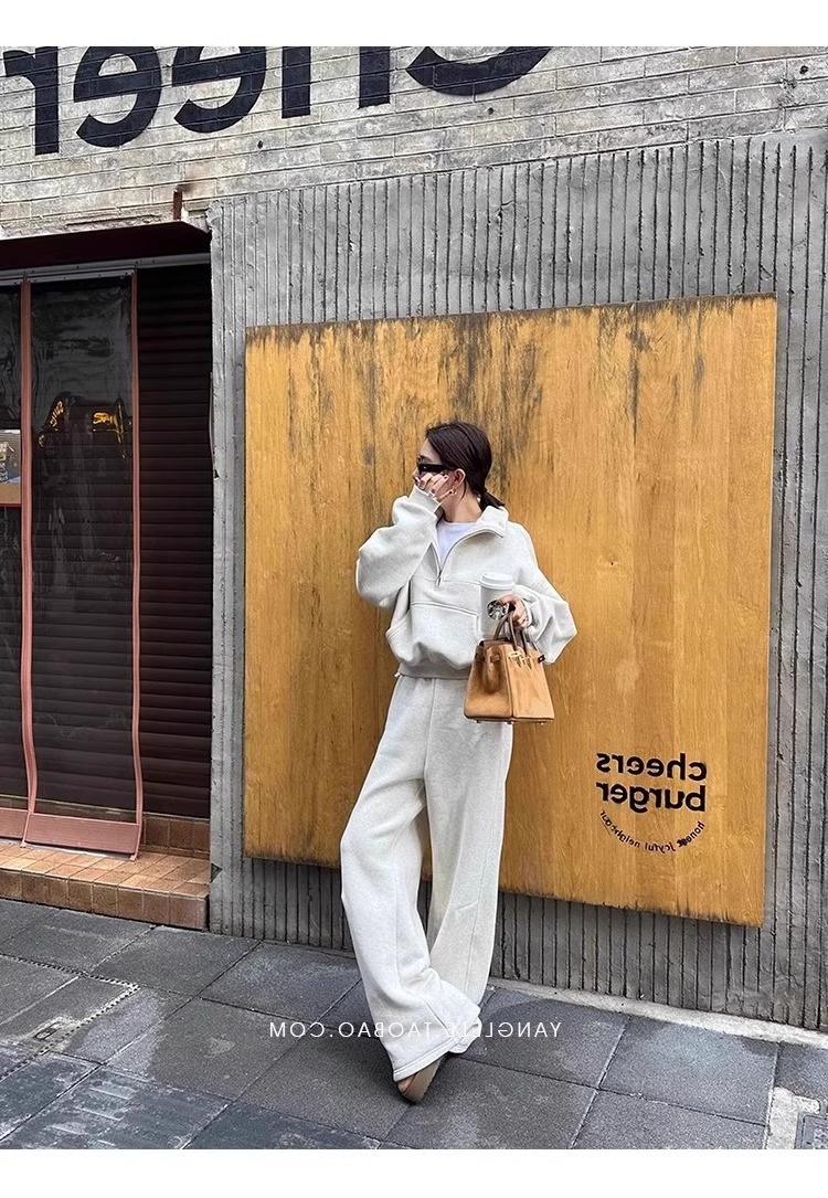 001 Casual sportpak voor dames, herfst/winter 2024 Nieuwe losse korte jas en wijde pijpen tweedelig set, rechte pijpen_voghion.com