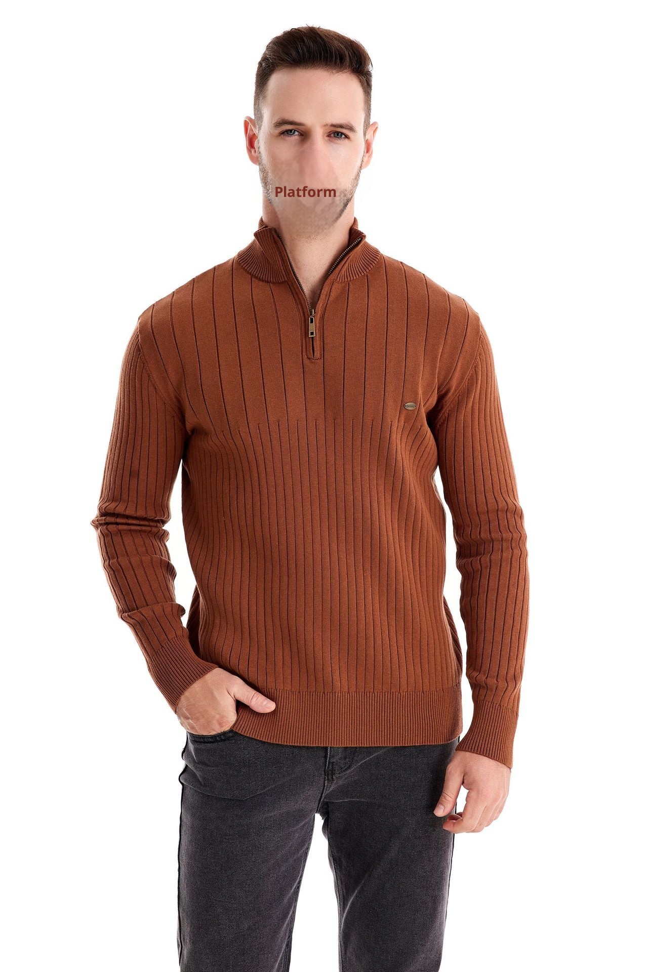 1 Suéter masculino de algodão com gola alta e estampa de fronteira cruzada, modelo casual com meio zíper, cor sólida e alta qualidade._voghion.com