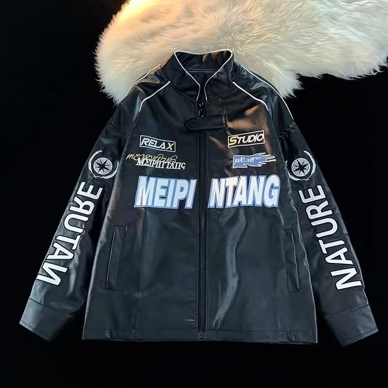 QFV507045555501<2 Veste bomber rétro américaine tendance en cuir PU pour homme, style baseball, printemps-automne._voghion.com