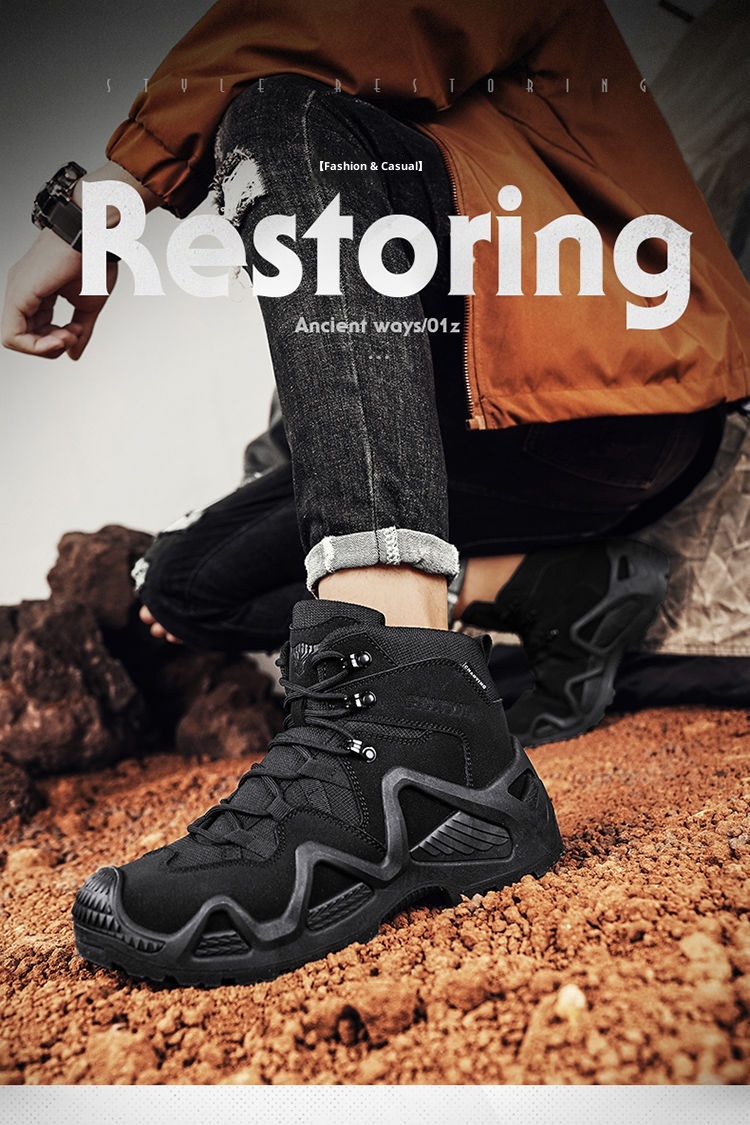 ShoeGlobe Outdoor Mid-Top Waterproof Hiking Sports Versatile Men's Combat Desert Boots Breathable Non-Slip Wear-Resistant_voghion.com