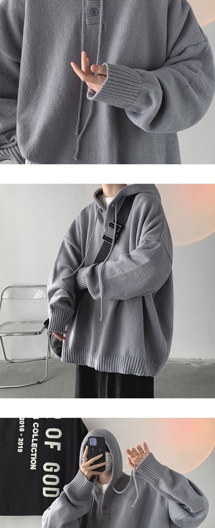 1 Hooded Turtleneck Sweater Men, Loose Fit, Lazy Style, Autumn And Winter, Japanese Retro Thick Knitted Cardigan For_voghion.com