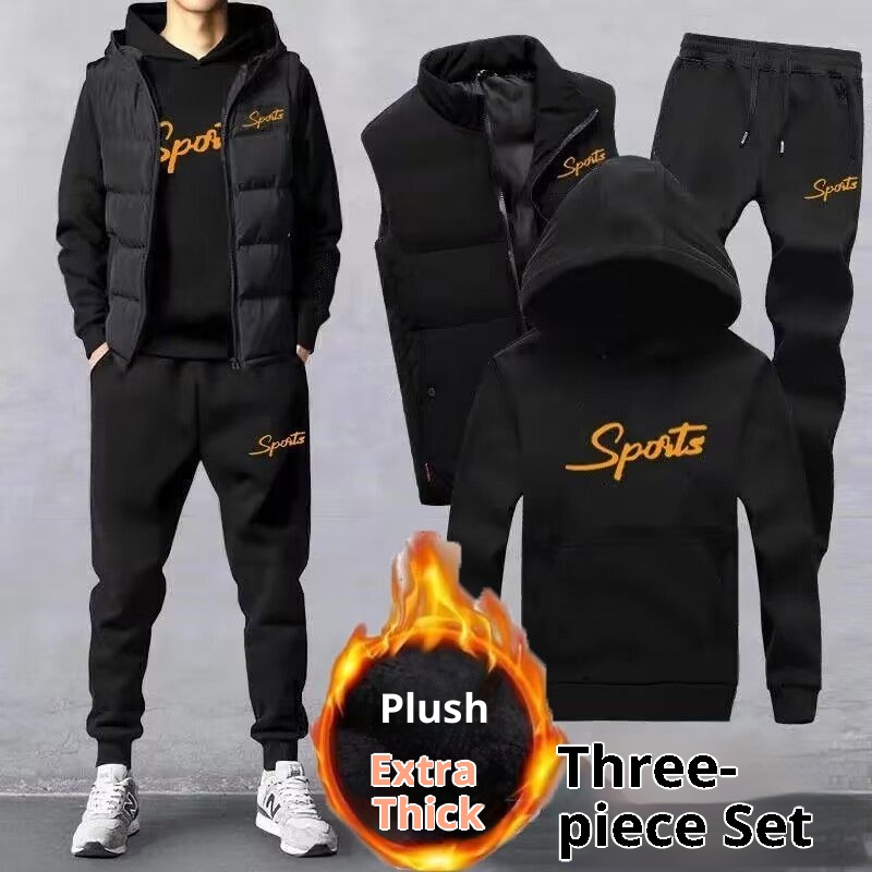 001 Gilet invernale da uomo, tre pezzi, felpa con cappuccio spessa in pile, stile coreano, elegante, casual, sportivo, per giovani_voghion.com