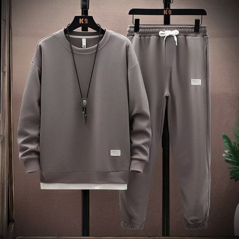 001 Casual Sports Suit For Men Spring And Autumn Round Neck Sleeve T-Shirt With Long Pants Youth Trendy Cool Full Set_voghion.com