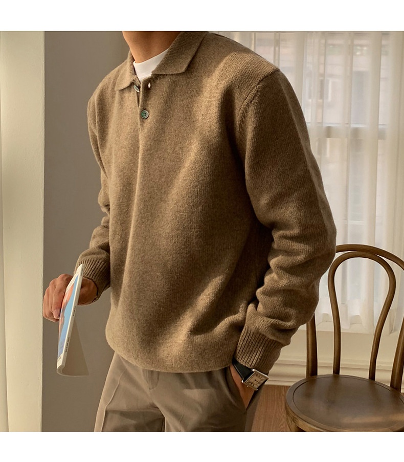 1 maglione da uomo in maglia stile Hong Kong, versatile, casual, coreano, tinta unita, con colletto polo autunnale_voghion.com