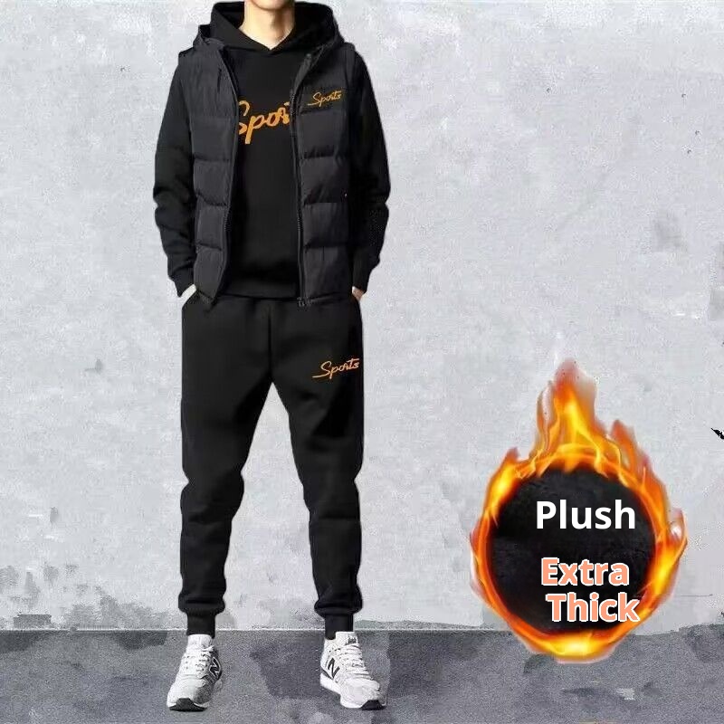 001 Gilet invernale da uomo, tre pezzi, felpa con cappuccio spessa in pile, stile coreano, elegante, casual, sportivo, per giovani_voghion.com