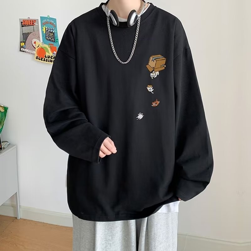 boy Boy Printed Versatile Long Sleeve T-Shirt For Men 2024 Spring And Autumn Trendy Brand Loose Fit Youth Casual Base Shirt Tee_voghion.com