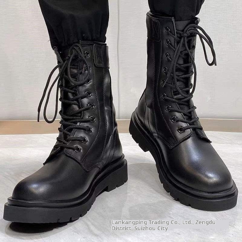 Chaussures montantes de randonnée en cuir ShoeGlobe pour hommes, style Martin, imperméables et noires, avec fermeture éclair, style Martin. Bottes de travail et de neige pour hommes._voghion.com