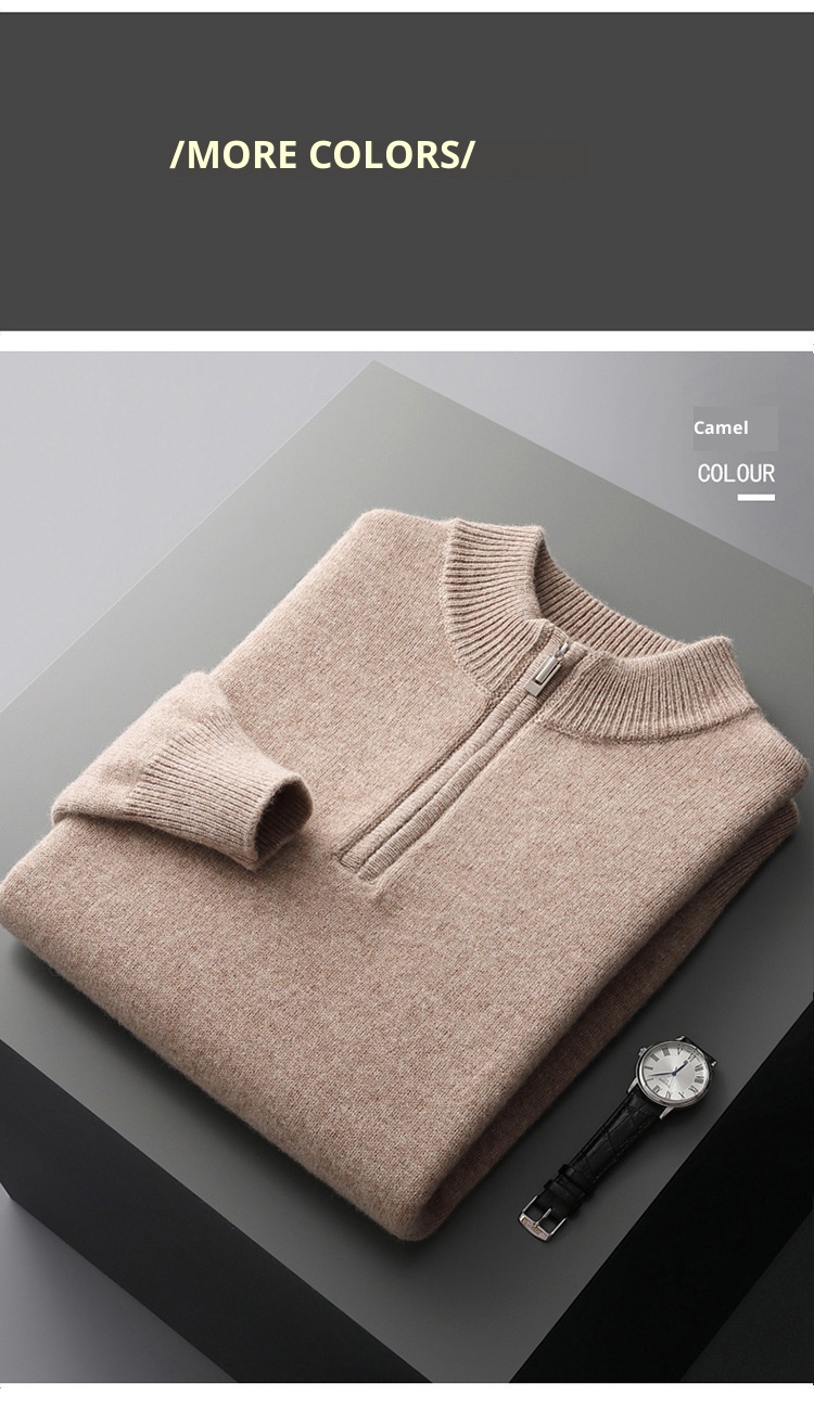 1 100% Wool Sweater For Men, Half Turtleneck, Zipper, Thickened Base Sweater, Autumn Winter Business Casual Solid Color_voghion.com