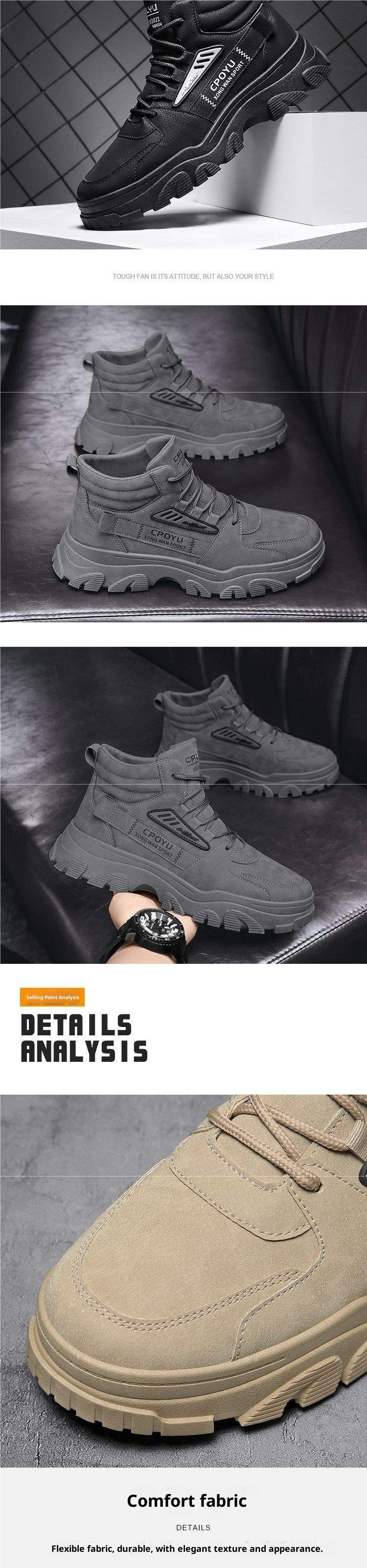 Bottes de randonnée montantes ShoeGlobe Martin Spring pour hommes, imperméables, antidérapantes, pour le travail et la sécurité en extérieur, avec semelle épaisse rehaussante._voghion.com