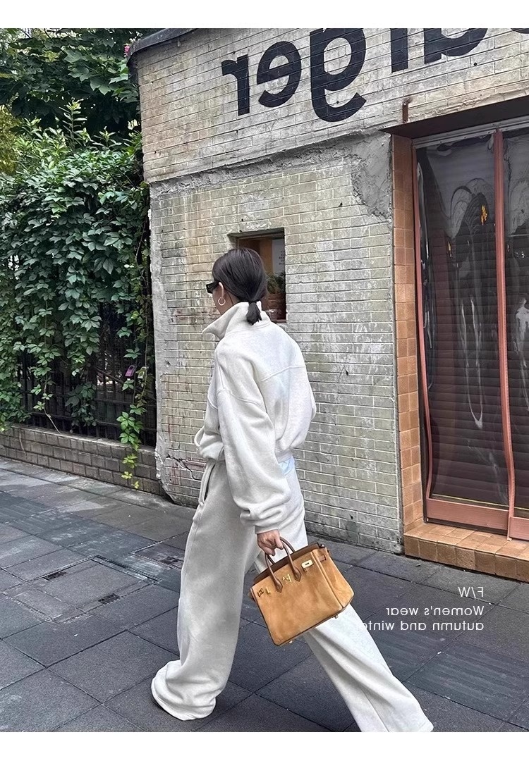 001 Casual sportpak voor dames, herfst/winter 2024 Nieuwe losse korte jas en wijde pijpen tweedelig set, rechte pijpen_voghion.com