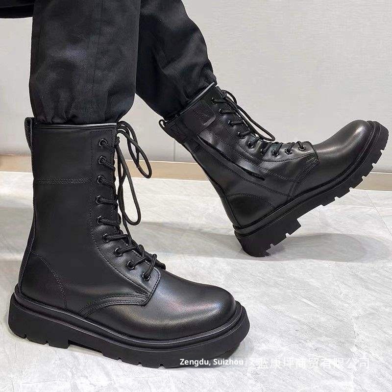 Chaussures montantes de randonnée en cuir ShoeGlobe pour hommes, style Martin, imperméables et noires, avec fermeture éclair, style Martin. Bottes de travail et de neige pour hommes._voghion.com