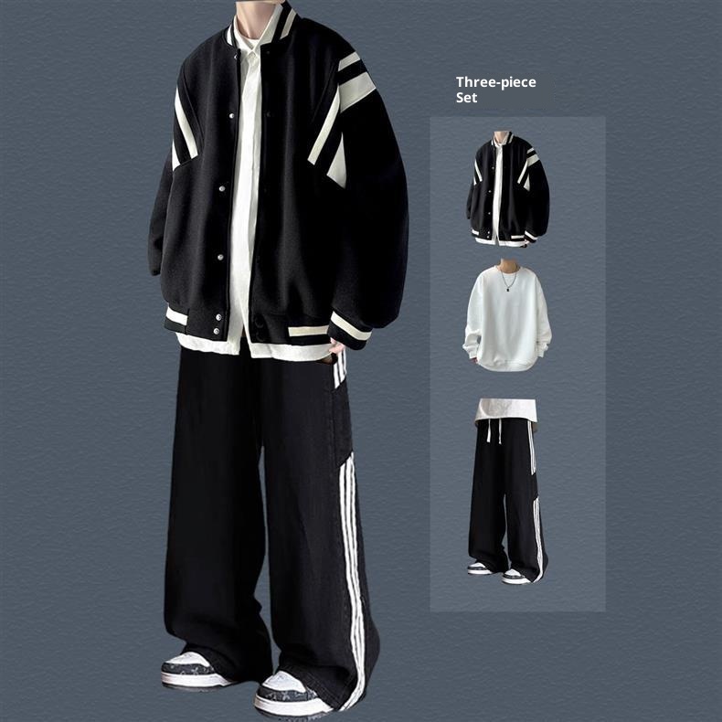 001 Giacca da baseball da uomo in stile pilota americano, alla moda, stile High Street, per ragazzi, primavera e autunno, set da tre pezzi_voghion.com
