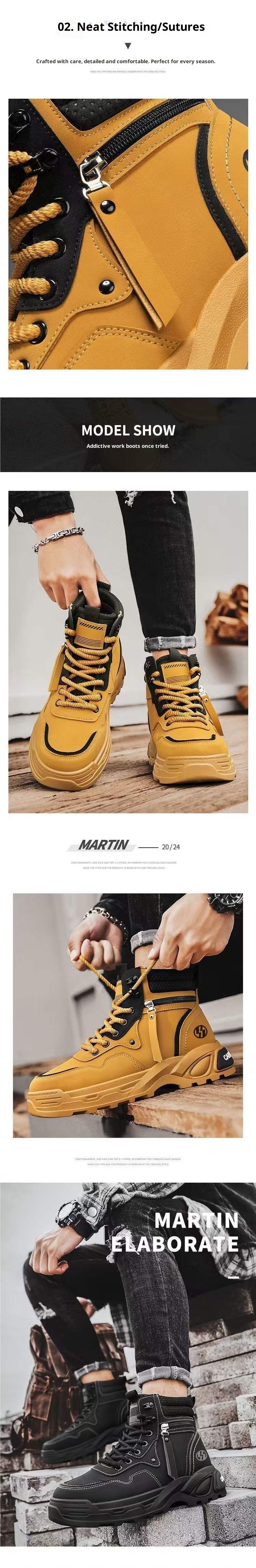 ShoeGlobe High-top Men's Autumn Casual Hiking Sports Non-slip Work Shoes Leather Waterproof Thick Sole Height-increasing White_voghion.com