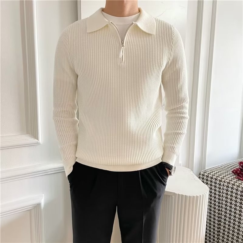 1 Design Sense Turn-down Collar Knitted Men Polo Half Zipper 22 Autumn Winter New Korean Version Loose Heavyweight Sweater_voghion.com